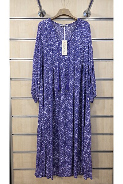 Park Moda Floral Pattern Long Dress 100% Viscose with Tassel Collar