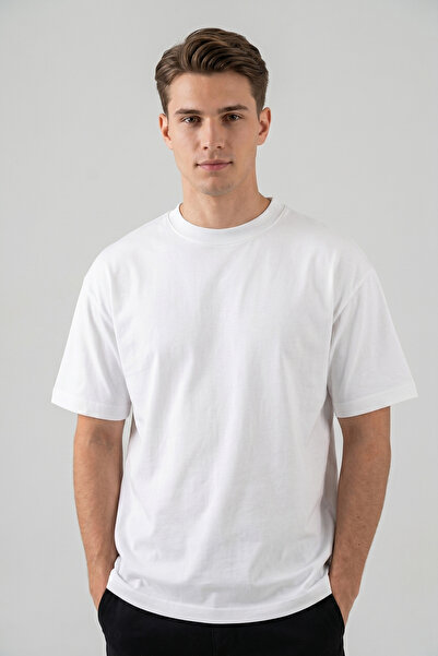 nacar çarşı Men's White Cotton 2 Thread Oversize T-Shirt