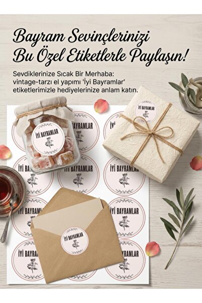 İyi Bayramlar Etiketi 24 Adet 4 Cm Çap Vintage Mat Sticker