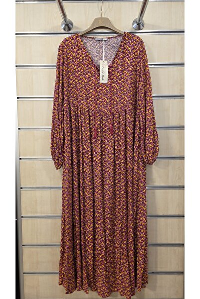 Park Moda Floral Pattern Long Dress 100% Viscose with Tassel Collar