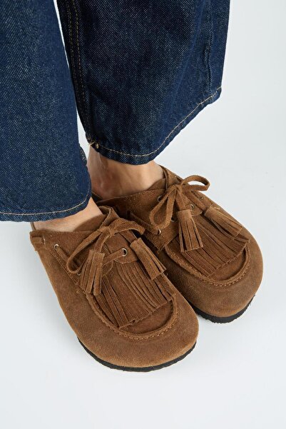 Manijero Valleria Women's Genuine Leather Tasseled and Laced Tan Slippers
