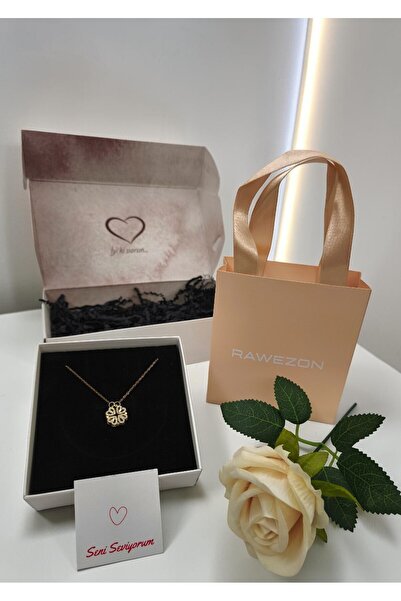 RAWEZON Gold Love Set- Çantalı Kutulu Konsept Çelik Yonca Kolye ve Beyaz Gül ...
