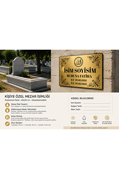 HobiShop Kişiye Özel Metal Mezar İsimliği 20x30 cm – Paslanmaz Metal Levha –B...