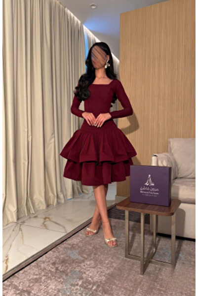 Mazoon Fashion Burgundy Waisted Tiered Dress