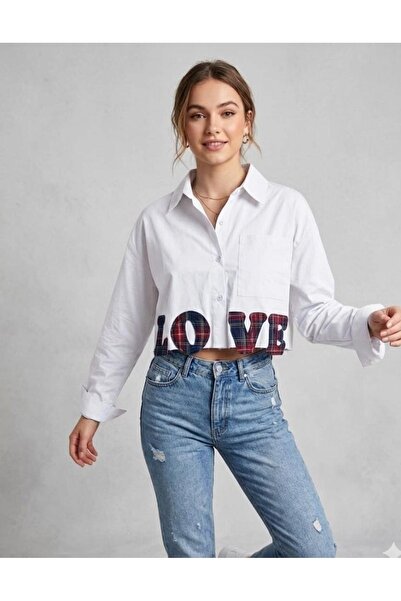 EsSo butik Women's Love Embroidered Plaid Detailed Poplin Crop Shirt