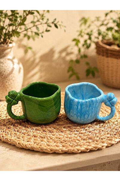 HİS Studio 2-Piece Blue and Green Patterned Handmade Ceramic Mug with Clover-...