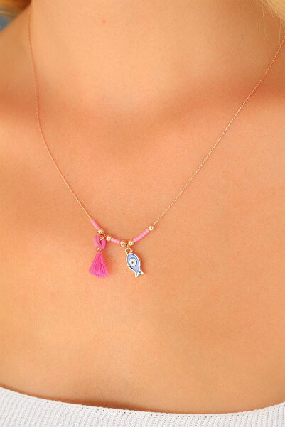 MEKs Pink Color Stone Rose Necklace with Evil Eye Beads 5886 - Hep-7194-7134