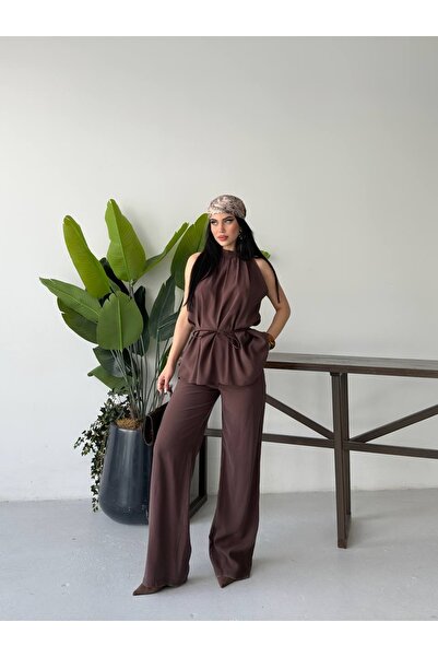 Celiora Women's Belted Casual Suit Halter Neck Blouse Wide Leg Pants Two-Piec...
