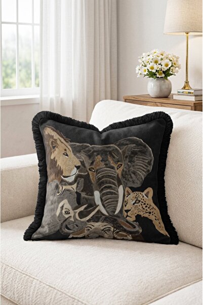 IdeCraft Safari Animals Patterned Fringed Throw Pillow Cover - African Pillow...