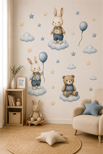 kutuTR Bulut Üzerinde Tavşan ve Ayıcıklı Çocuk Odası Duvar Stickerı 50x100 cm...