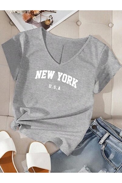 FAVORİST Kadın New York USA Baskılı V Yaka T-shirt