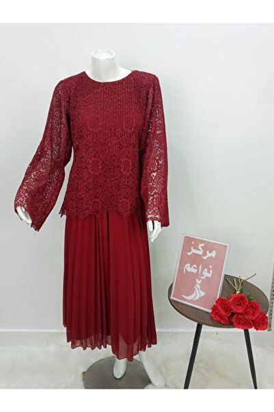 NAWAEIM Wine Lace Maxi Dress with Pleated and Lined Skirt