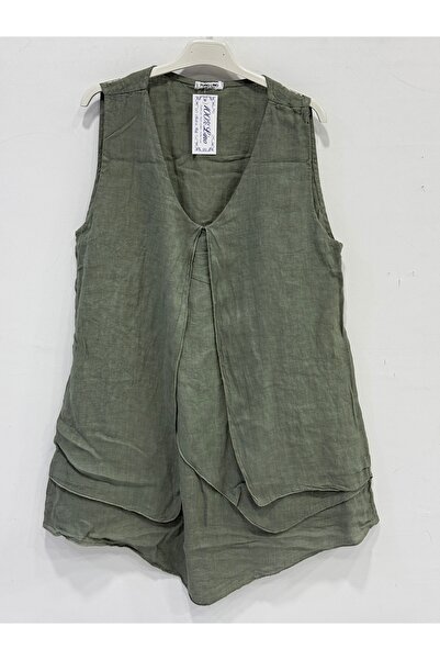 della moor Khaki Italian Varev Cut Zero Sleeve Linen Long Linen Blouse 40 - 4...