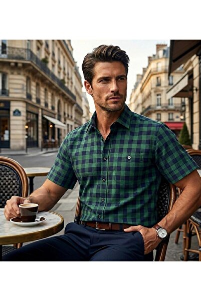 GÖMLEK GALERİSİ Men's Classic Wide Cut Plaid Pocket Cotton Short Sleeve Shirt