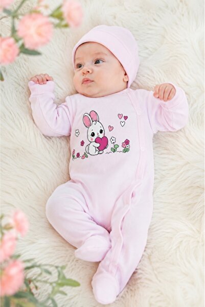 Pure Boutique Salopeta bebe roz pal din bumbac cu caciulita si imprimeu iepur...