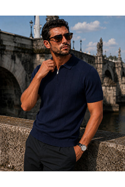 PULT Men's Zippered Polo Collar Knitwear T-Shirt Regular Fit Short Sleeve Ver...