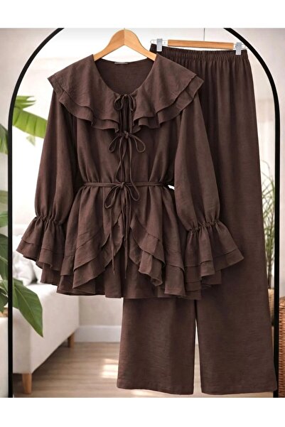 MODA VEDAT Women's Collar Sleeve Detailed Waist Drawstring Pants Set -0750 (S...
