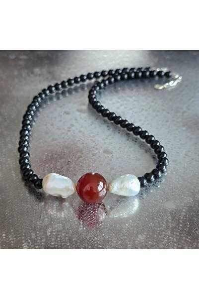 DRUZY Obsidian, Carnelian, and Pearl Necklace Rooted Glow #13