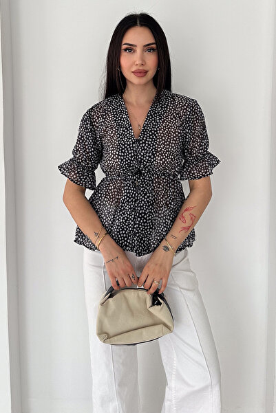 Noa&Noa Women's Polka Dot Chiffon Blouse V-Neck Buttoned Balloon Sleeve Blouse