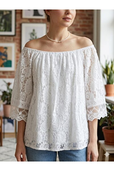 AYASOFYA OTANTIK Women's Italian White Madonna Collared Lace Lined Blouse