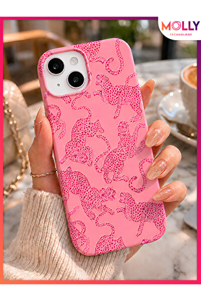Molly iPhone 13 İçin Pink Predator Desenli İçi Kadife Silikon Kılıf