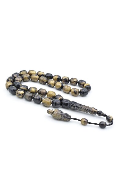 Murty99 Carved İmameli Barrel Cut Yellow Black Powdered Amber Prayer Beads