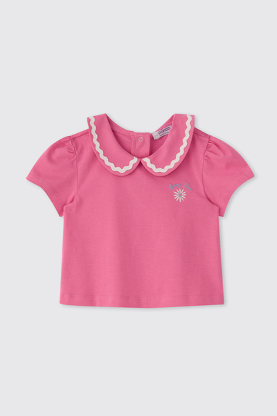 Panço Kız Bebek Bebe Yaka Kontrast Şeritli Kız Bebek Tişört 0-5 Yaş PEMBE