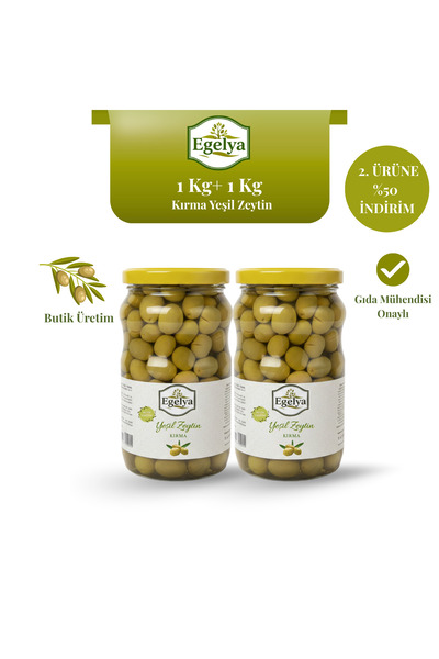 EGELYA Akhisar Domat Kırma Yeşil Zeytin 1 Kg + 1 Kg Zeytin Paketi | Düşük Acı...