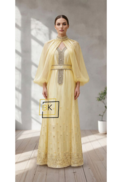 Generic Yellow Kaftan with Wide Sleeves and Silver Embroidery