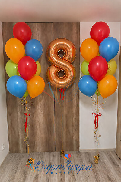Organizasyon Pazarı 8 Year Old Rose Gold Number Colorful Rainbow Balloon Bouq...