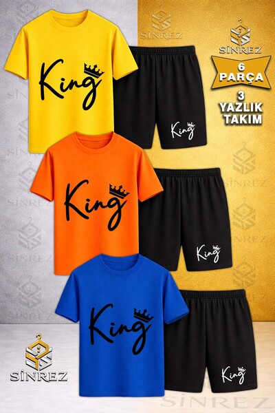 SİNREZ Set de 3 tricouri cu gât rotund, imprimate, pentru copii, KING HANDWRI...