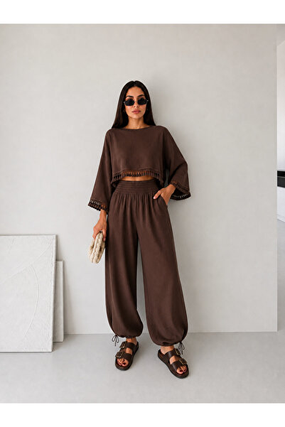 kikiriktekstil 10794 Women's Tassel Detailed Trousers with Elastic Waist Over...