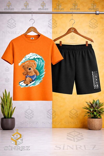 SİNREZ تي شيرت مطبوع عليه شعار BISIKLET YAKA AYICIK SHORT WEARING SURF - طقم ...