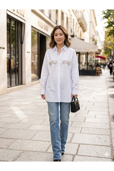 ues Pearl Embroidery Detailed Striped Oversize Women's Shirt