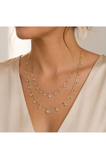 nerora Damla Beyaz Taşlı Vintage Salkım Çift 2li Kolye 14K Gold Kaplama (Kara...