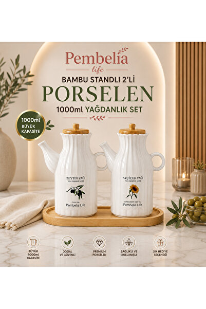 Kitchen Pembelia Bambu Standlı 2’li 1000 ml Porselen Yağdanlık Seti Ayçiçek Z...