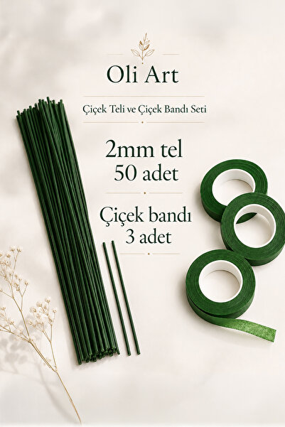 OLİ Art 50 Adet 2 mm 30 cm Yeşil Çiçek Teli ve 3 Adet 35 m Yeşil Çiçek Bandı ...