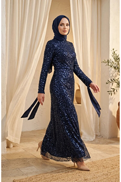 sefamerve Rochie de seară din tul brodat cu mărgele, stil Hijab 5730-02 Bleum...