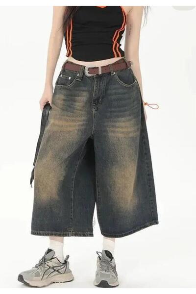 Fro line Kadın yeşil tint renk 3413_w10 yüksek bel %100 Koton denim Bermuda şort
