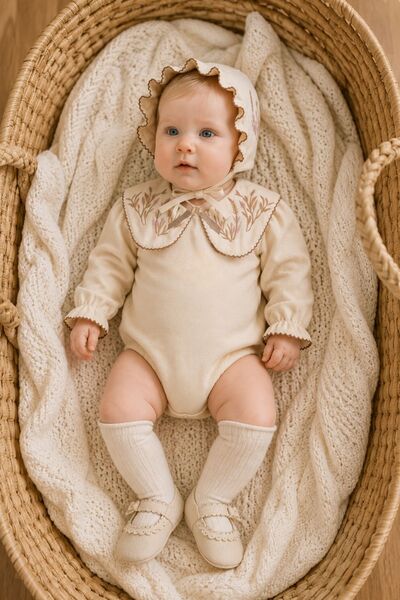 Minytrendy Baby Girl Vintage Romper Set Embroidered Collared Bonnet Bodysuit Newborn Jumpsuit Concept Outfit Gift