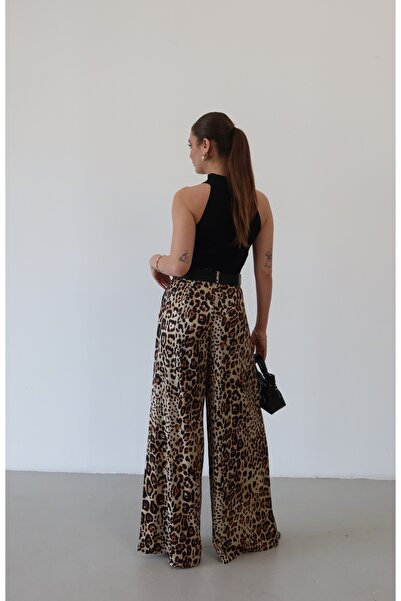 Myra Fashion Leopar Desenli Gold Tokalı Kemerli Palazzo Pantolon Yüksek Bel B...