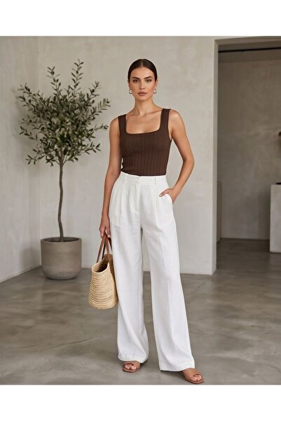 Trend Kapında Summer Wide-Strapped Square Neck Ribbed Knit Blouse Undershirt