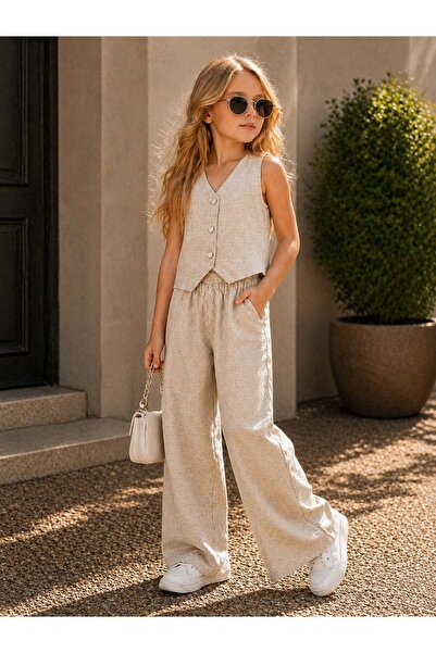 zepkids Girl's Beige Vest Suit with Wide-Legged Pants