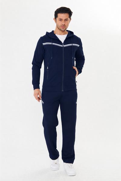 TRENDHİLL Men's Cotton Full Zip Hooded Tracksuit Set Navy Blue 9529-L