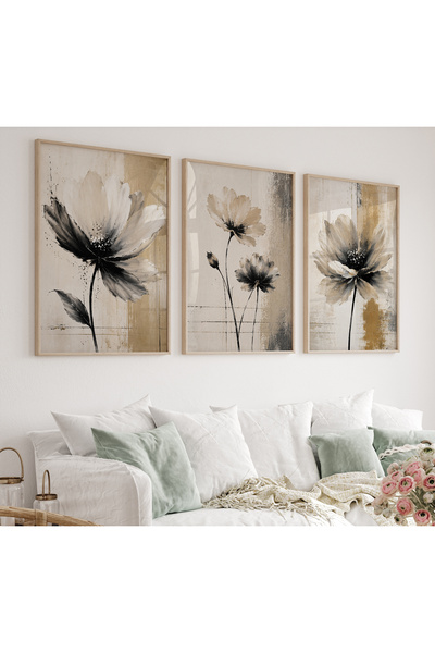 TekTablo Set de 3 tablouri moderne abstracte cu flori, înrămate – Negru Bej C...