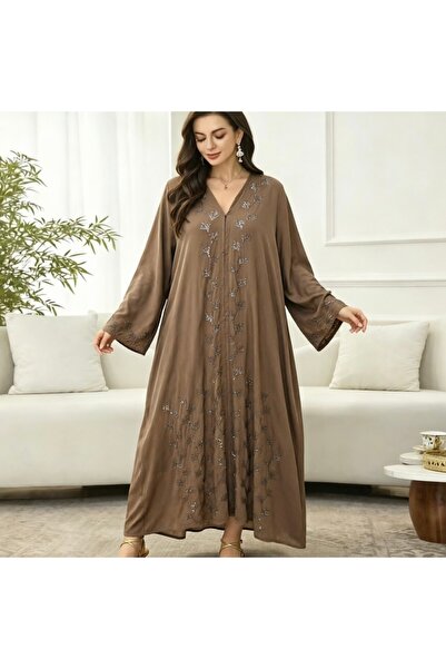 Bleco Elegant Coffee Silver Glitter Embroidery V‑Neck Long Sleeve Abaya