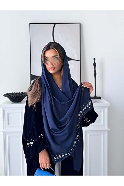 AYA عباية كحلية مطرزة باللون الأبيض طراز كلوش mwt5002