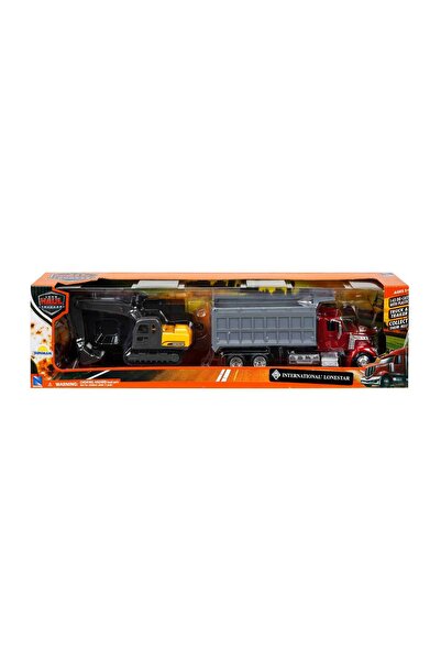 New Ray Set camion cu remorca, platforma si vehicul de constructie, New Ray, ...