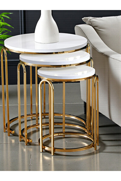 SEDAŞ LIVING UNITS Lenka Zigon Sehpa Takımı Yuvarlak 3'lü Gold Metal -Koyu Ce...