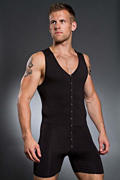 Doreanse Men's Modal Snap Fastener Wide Collar Strap Regular Leg Bodysuit 5002